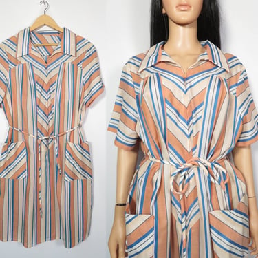 Vintage 70s Plus Size Chevron Stripe House Dress Size 2XL 