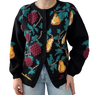 Vintage 1990 The Eagles Eye Hand Knitted Black Shetland Wool Fruit Cardigan Sz L 