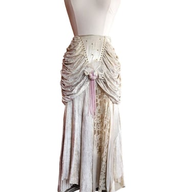 Vintage 80s Long Velvet Skirt Maick Harold, Asymmetrical w/Lace, Beads 