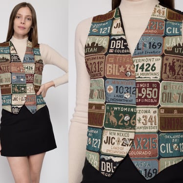 Medium 90s Novelty License Plate Tapestry Vest | Vintage Sleeveless Button Up Top 