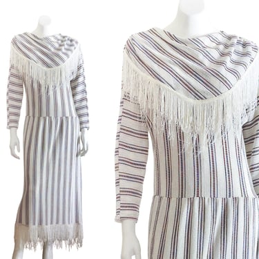 Vintage 1980s Striped Dress with Fringe Trimmed Cowl Bib Collar and Hemline 