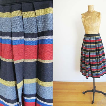 Vintage 60s Striped Pleated Skirt S - Bobbie Brooks 1960s Full Circle Skirt - High Waist Black Blue Red Folk Boho Midi Skirt 