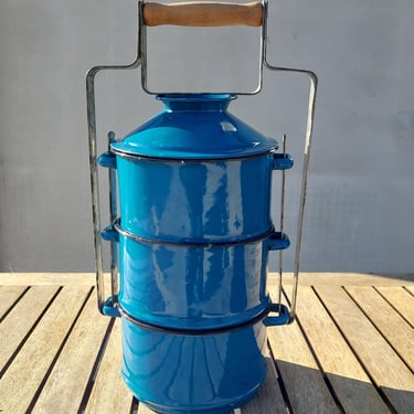 Retro Enamel Lunch Box / Three Tier Tiffin Lunch Box / Food Carrier / Lunch Pail / Enamel Food Carrier /MCM Lunch Pail /EMO Yugoslavia /70's 