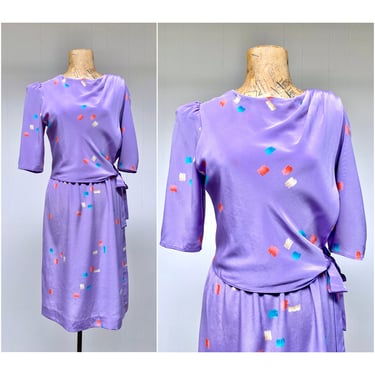 Vintage 1980s Lilac Puff Sleeve Dress, 80s Asymmetrical Layered New Wave Fashion, Small 