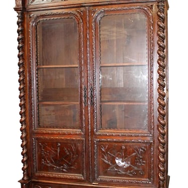 Antique Bookcase, French Louis XIII, Oak, Barley Twist, Glass Doors, 1800s!!