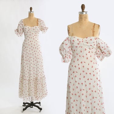 Emma Domb cherry dress | Vintage 60s white off the shoulder maxi dress  | 1960s Emma Domb velvet cherries dress 