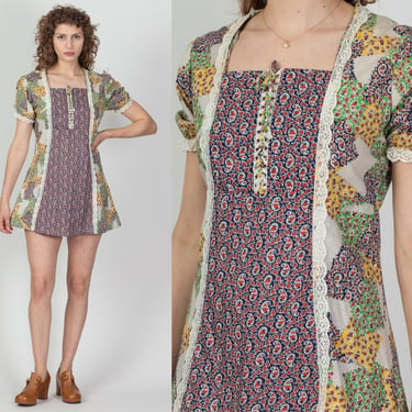 60s 70s Floral Paisley Puff Sleeve Mini Dress - Petite Medium | Vintage Patchwork Print Lace Trim Boho Prairie Dress 