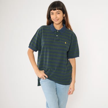 90s Ralph Lauren Polo Shirt Striped Green Blue Quarter Button Up Retro RLP Collared Short Sleeve Top Navy Vintage 1990s Extra Large xl 