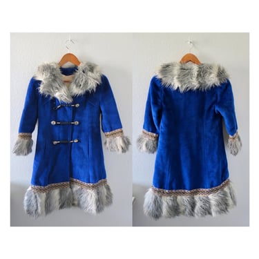 Vintage Girls Faux Fur Jacket - 70s Hippie Boho Coat - Soft Blue Fuzzy Princess Style Coat - Size Large 