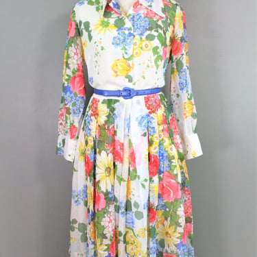 1960-70's - Shirtwaist Dress - Organza - Floral Print - Party Dress - Estimated size M 8/10 