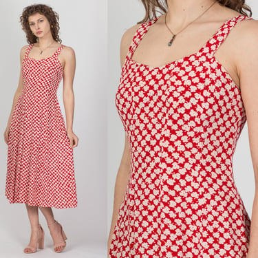 80s Red Clover Print Sundress - Small | Vintage Sweetheart Neck Boho Ankle Length Grunge Midi Dress 