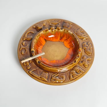 MCM Zodiac Ashtray, Ceramic with Brown & Orange Glaze, Handmade, Vintage 1970's 