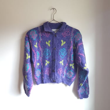 Vintage 1980's Europrep Patterned Collared Cardigan Sweater / Floral / M to L 