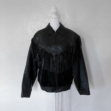 80s/90s Black Leather Suede Fringed Quilted Dolman Sleeve Jacket | Large/Extra Large 