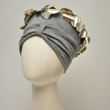 1960s grey jersey turban with gold paillettes 