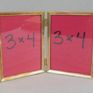 Vintage Hinged Double Picture Frame - Gold Tone Metal w/ Glass - 3