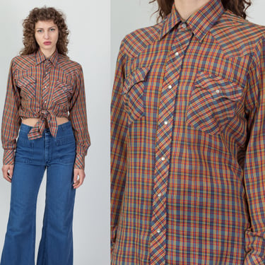 70s Sheer Plaid Button Up Shirt - Men's Medium | Vintage Long Sleeve Collared Pearl Snap Western Top 