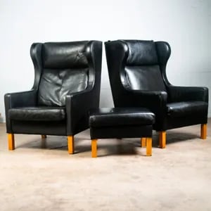 Mid Century Danish Modern Lounge chairs Pair Skalma Black Leather Set Ottoman NM