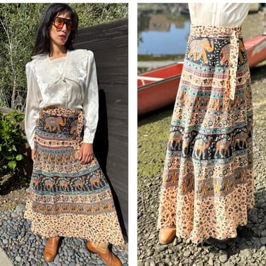 70s Boho Hippie Wrap Maxi Skirt High waist Prarie Peasant Cottage S M 