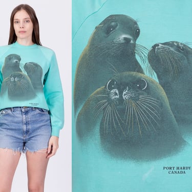 80s Sea Lion Sweatshirt - Medium | Vintage Port Hardy Canada Aqua Blue Raglan Sleeve Tourist Crewneck Pullover 