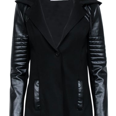 Blanc Noir - Black Knit Hooded Faux Leather Detail Jacket Sz S