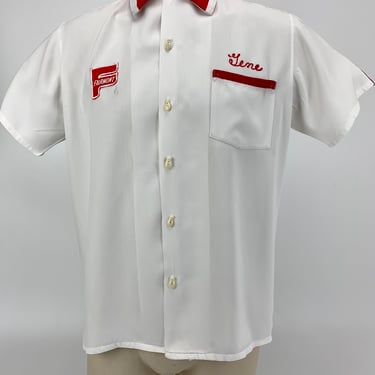 1950'S Bowling Shirt - FAIRMONT - 2-Tone Rayon Gabardine - Bowling Pin Buttons - Patch Pockets - Loop Collar - Men's Size Medium 