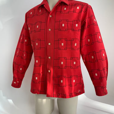 1950's Vivid Red Patterned Shirt - McGREGOR LABEL - Geometric Pattern of Red & Black - All Cotton - Loop Collar - Men's Size Medium 