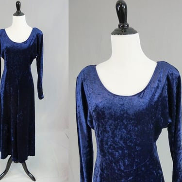 90s Long Blue Dress - Stretch Velvet Velour - Back Waist Cincher - All That Jazz - Vintage 1990s - Size M 