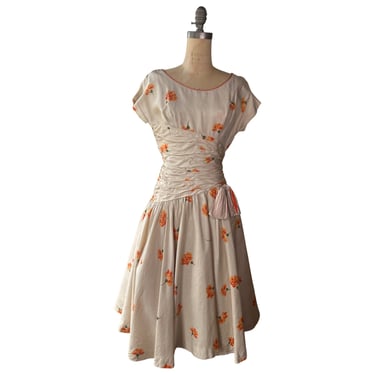 1950s Orange Floral Print Dress 