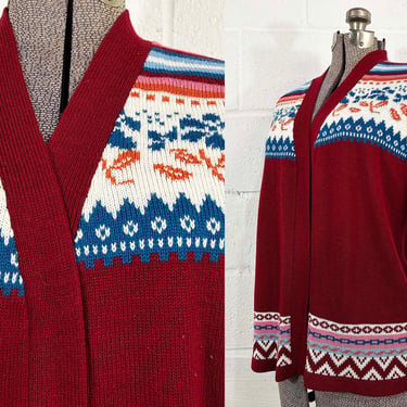 Vintage Fair Isle Cardigan Sweater Long Sleeve Open Front Floral Knit Twin Peaks Red Ikat Boho Mod 1970s 70s Large 