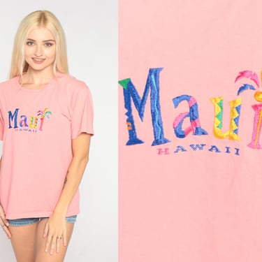 Maui T-Shirt 90s Hawaii Tshirt Pink Tropical Embroidered Graphic Tee Palm Tree Tourist Travel Surfer Vacation Vintage 1990s Small Medium 