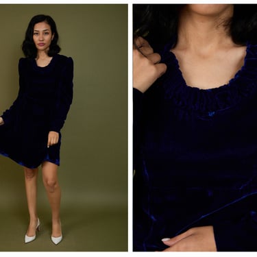 Vintage 1970s 70s Rich Royal Blue Velvet Long Sleeve Mini Dress w/ Velvet Ruffles, Empire Waist, Scooped Neckline 