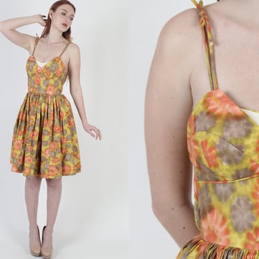 1950s Mid Century Dress, MCM Full Skirt Dress, Watercolor Floral Dress, Vintage Full Skirt Swing Party Dress 