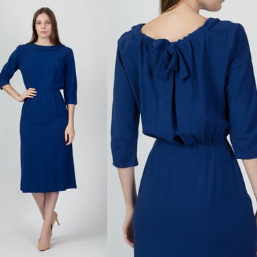 1940s Blue Draped Back Midi Dress - Extra Small | Vintage 40s 3/4 Sleeve Bow Sheath Dress 