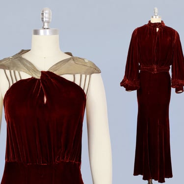 1930s Dress / 30s Red Silk Velvet and GOLD Lamé Gown and Jacket / Dramatic Balloon Sleeves / Two Piece Set 