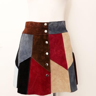 60's Suede Patchwork CHELSEA GIRL Hippie Mini Skirt Snaps Vintage 1960's Leather 