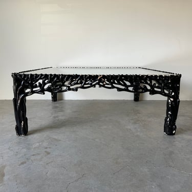 70's Hollywood Regency Faux - Bois Carved Wood Coffee Table 