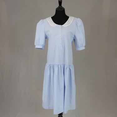 80s Drop Waist Dress - Light Blue w/ White Lace Collar - Puff Sleeves - Betsy's Things - Vintage 1980s - M L 