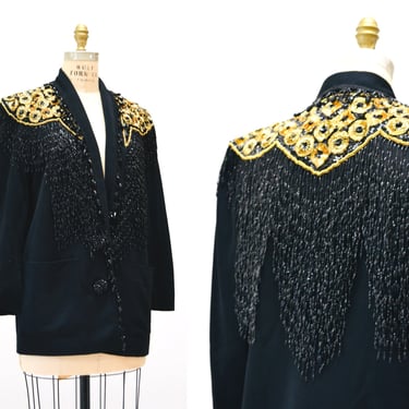 80s 90s Vintage Black Gold Fringe Sequin Jacket Metallic Fringe Blazer Jacket Small Medium// 80s Black Fringe Gold beaded Jacket Criscione 