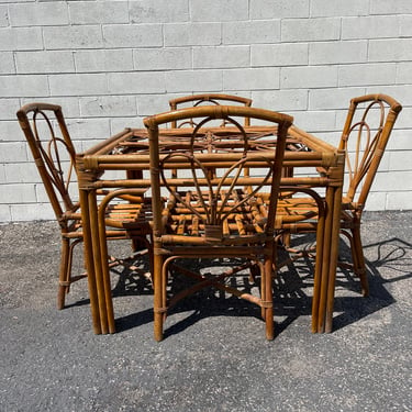 5pc Rattan Dining Set Faux Bamboo Chairs Table Hollywood Regency Chinese Chippendale Coastal Bohemian Boho Chic Wood Vintage Kitchen Wicker 