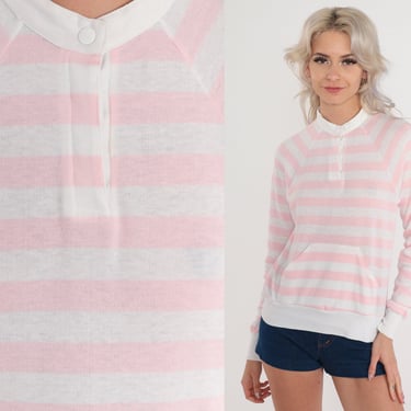 Pink Striped Sweatshirt 80s Henley Sweatshirt White Pastel Stripes Kangaroo Pocket Long Sleeve Pullover Sweater Snap Up Top Vintage 1980s XS 