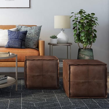 Brody Boho Square Pouf in Distressed Dark Brown Vegan Leather FFW258-665