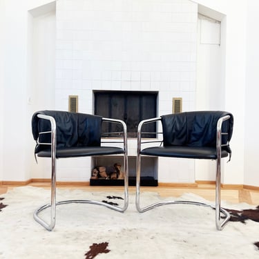 Pair of Postmodern Italian Leather and Polished Chrome Accent Sling Chairs 