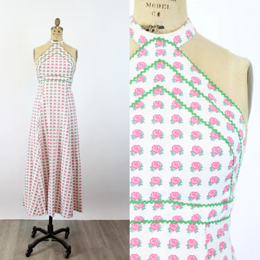 1970s LANZ cotton ROSE PRINT halter maxi dress xs | new summer 