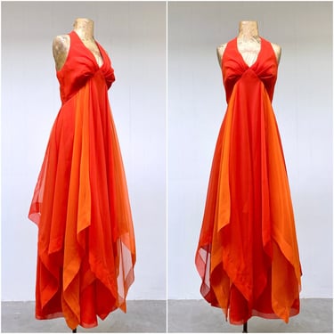 Vintage 1970s Orange Chiffon Handkerchief Hem Evening Gown, Tangerine Empire Maxi, Prom Formal Special Occasion Party Dress, 