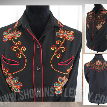 Karman Vintage Western Women's Cowgirl Shirt, Rodeo Queen,  Embroidered Flowers in Variegated Thread, Approx. Size Small (see meas. photo) 