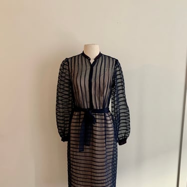 1950s sheer striped navy blue vintage dress-size S/M 