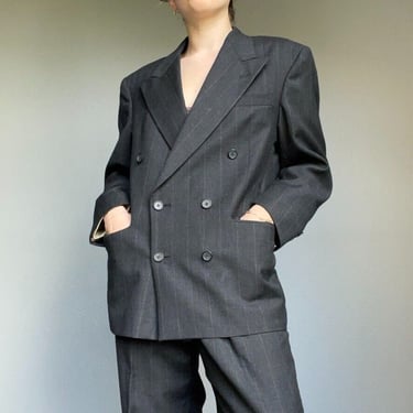Vintage Christian Dior Double Breasted Gray Wool Oversized Blazer Sport Coat Set 