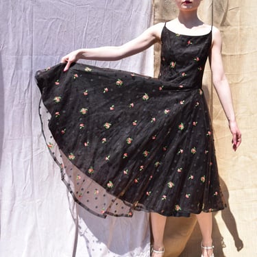 ROSE EMBROIDERED Black Floral Tulle Dress Vintage 50s SZ