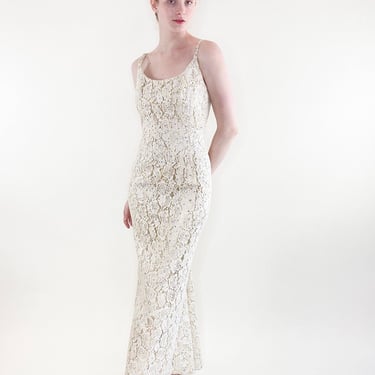 Vintage Mr. Blackwell 1960's White Lace with Lamé & Rhinestone Gown 